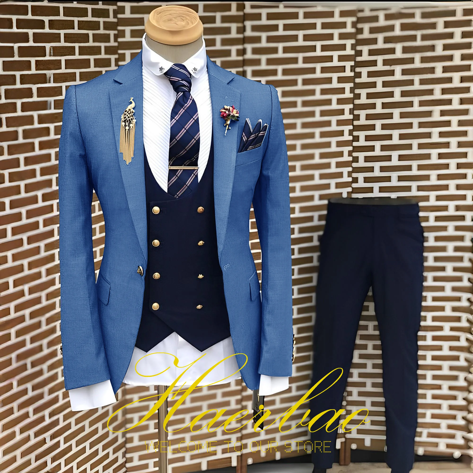 Men's Suit Business Jacket Navy Blue Vest Pants 3-Piece Set Slim Fit Wedding Tuxedo