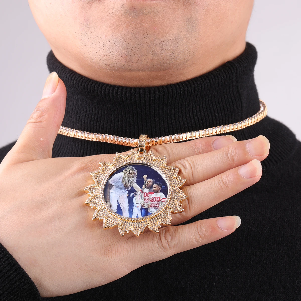 Bubble Letter Custom Photo Medallion Necklace for Men Iced Out
