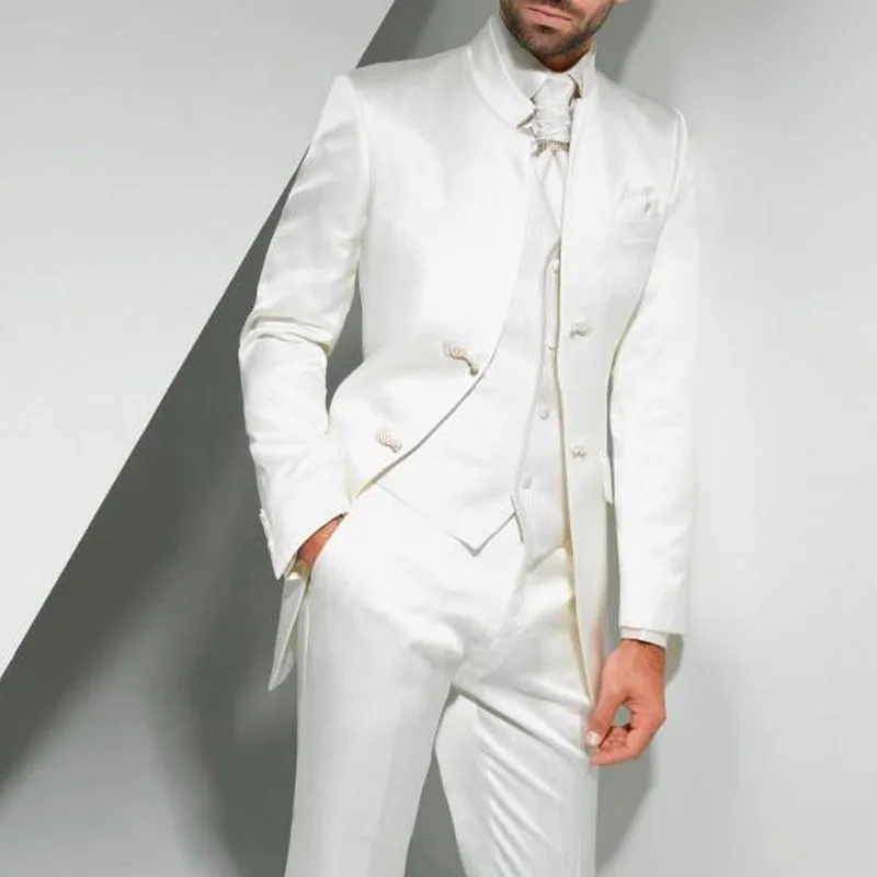 

Vintage White Long Tunic Men Suits for Groom Wedding Tuxedo with Stand Collar 3 Piece Male Fashion Costume Set Jacket Vest Pants