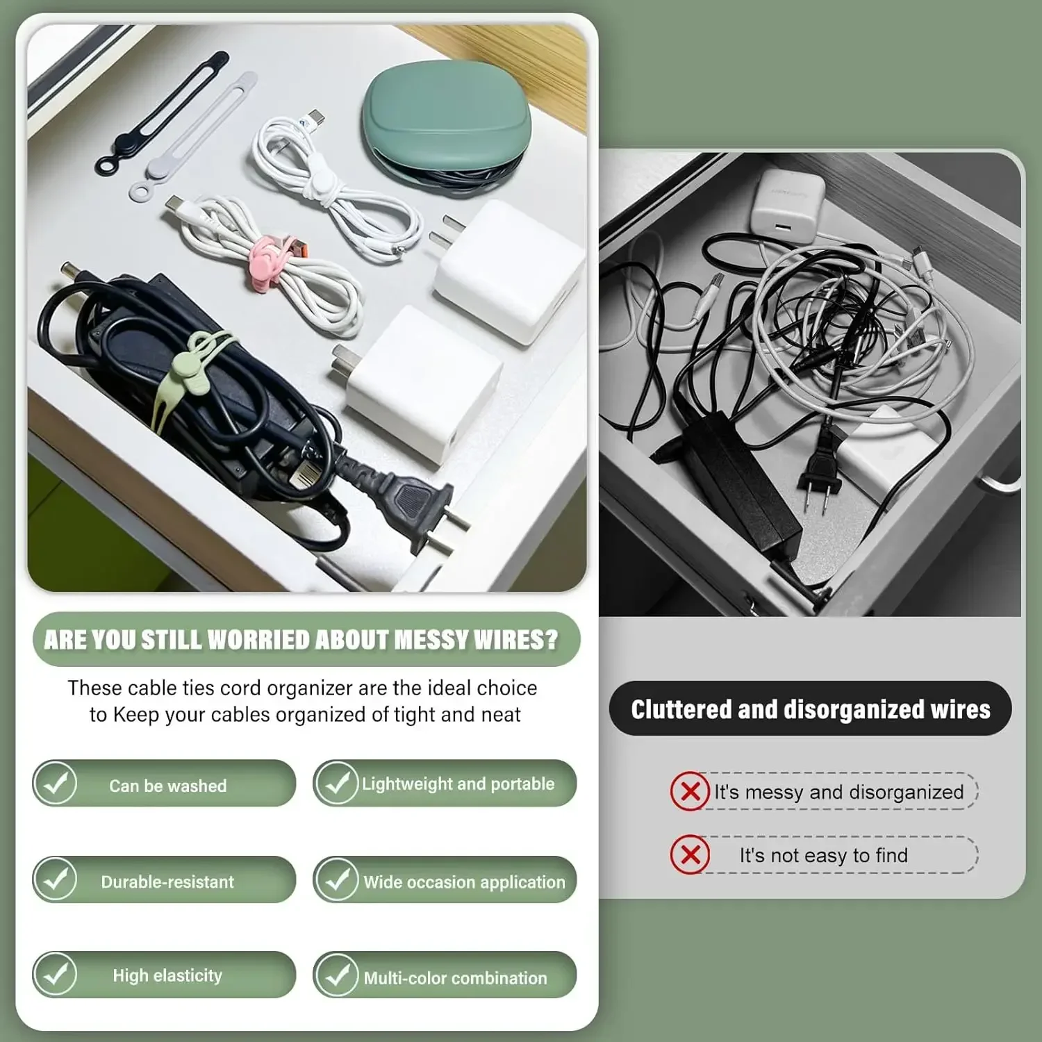 48PCS Multi-functional Cable Organizer Data Cable Organizer Tie Strap Elastic Silicone Charging Clip Hub Ties