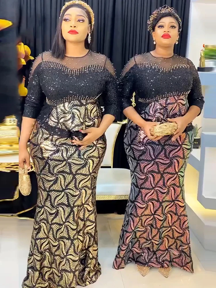

2023 Winter Wedding Party Long Dresses Dubai African Women Luxury Sequin Bodycon Mermaid Gown Africa Clothing Ladies Dress Wears