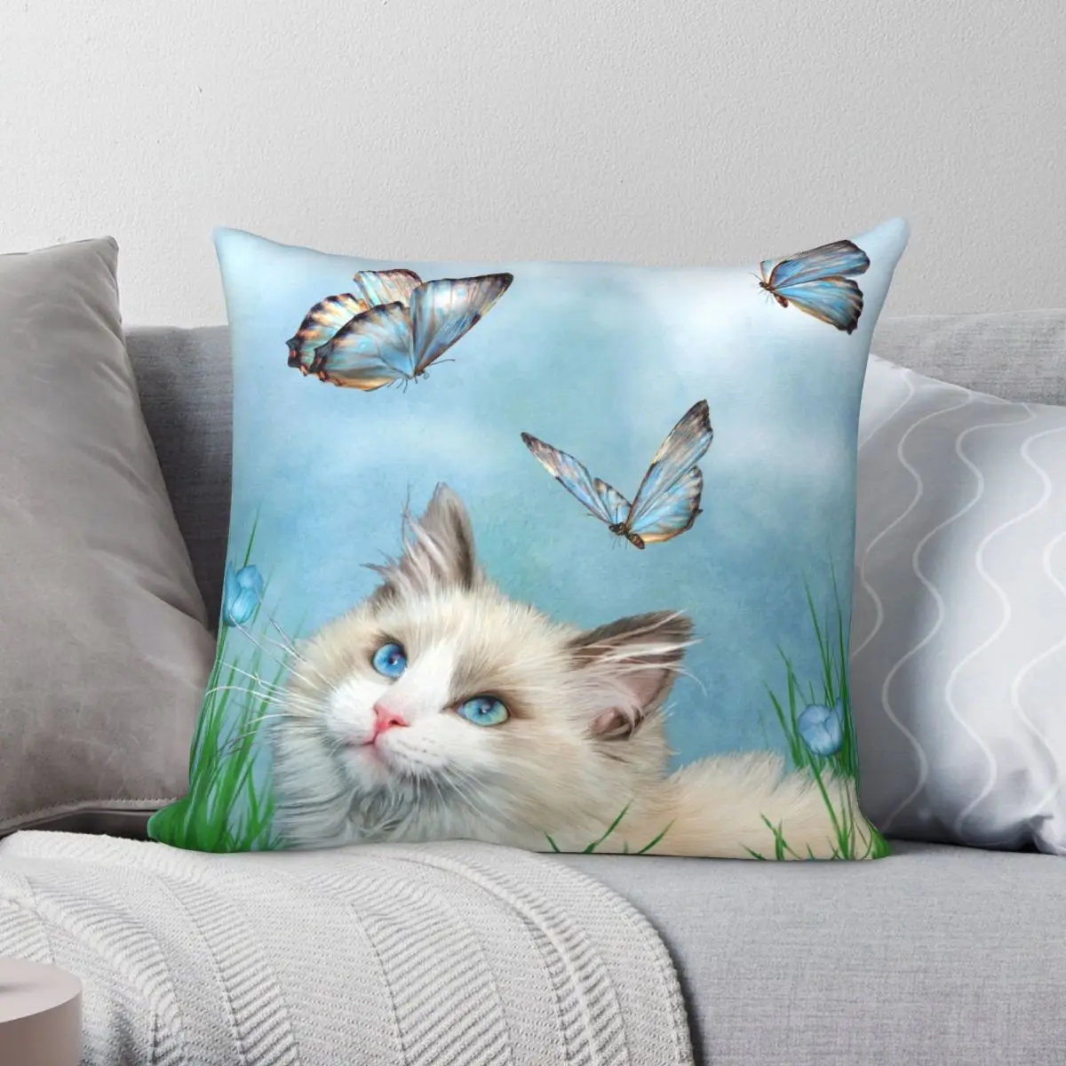 

Ragdoll Kitty And Butterflies Square Pillowcase Polyester Linen Velvet Printed Zip Decor Throw Pillow Case Car Cushion Cover 18"