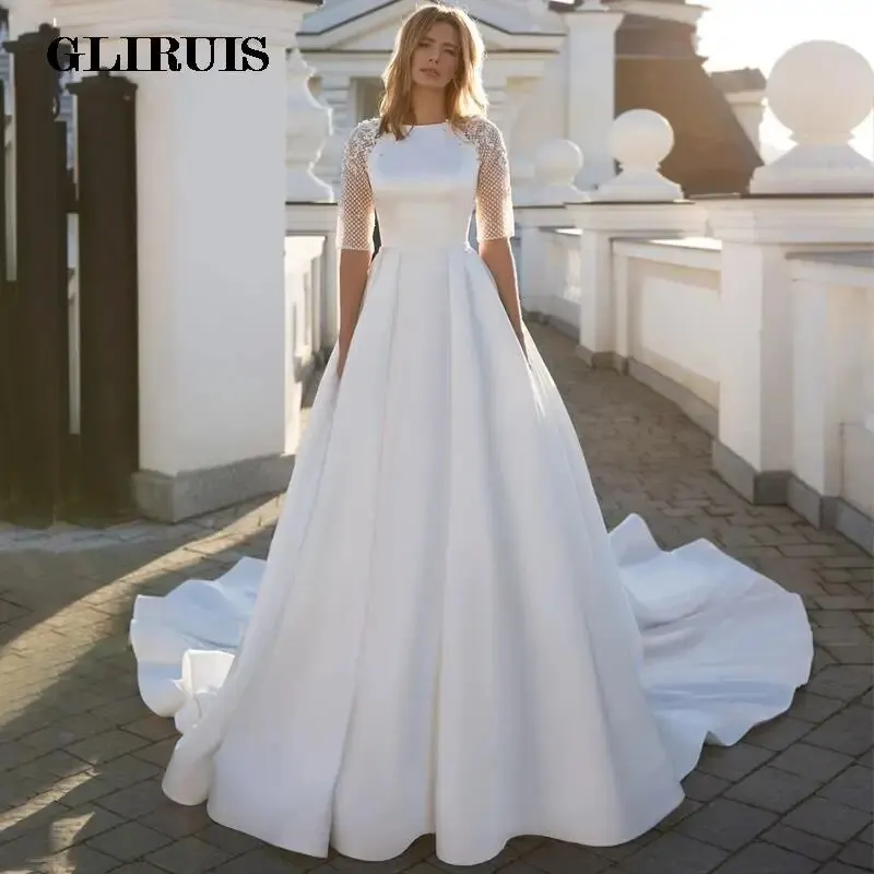 

New Arrival O-Neck Wedding Dress Appliques Lace Half Sleeve Pocket A-Line Bridal Gowns Vestido De Noiva