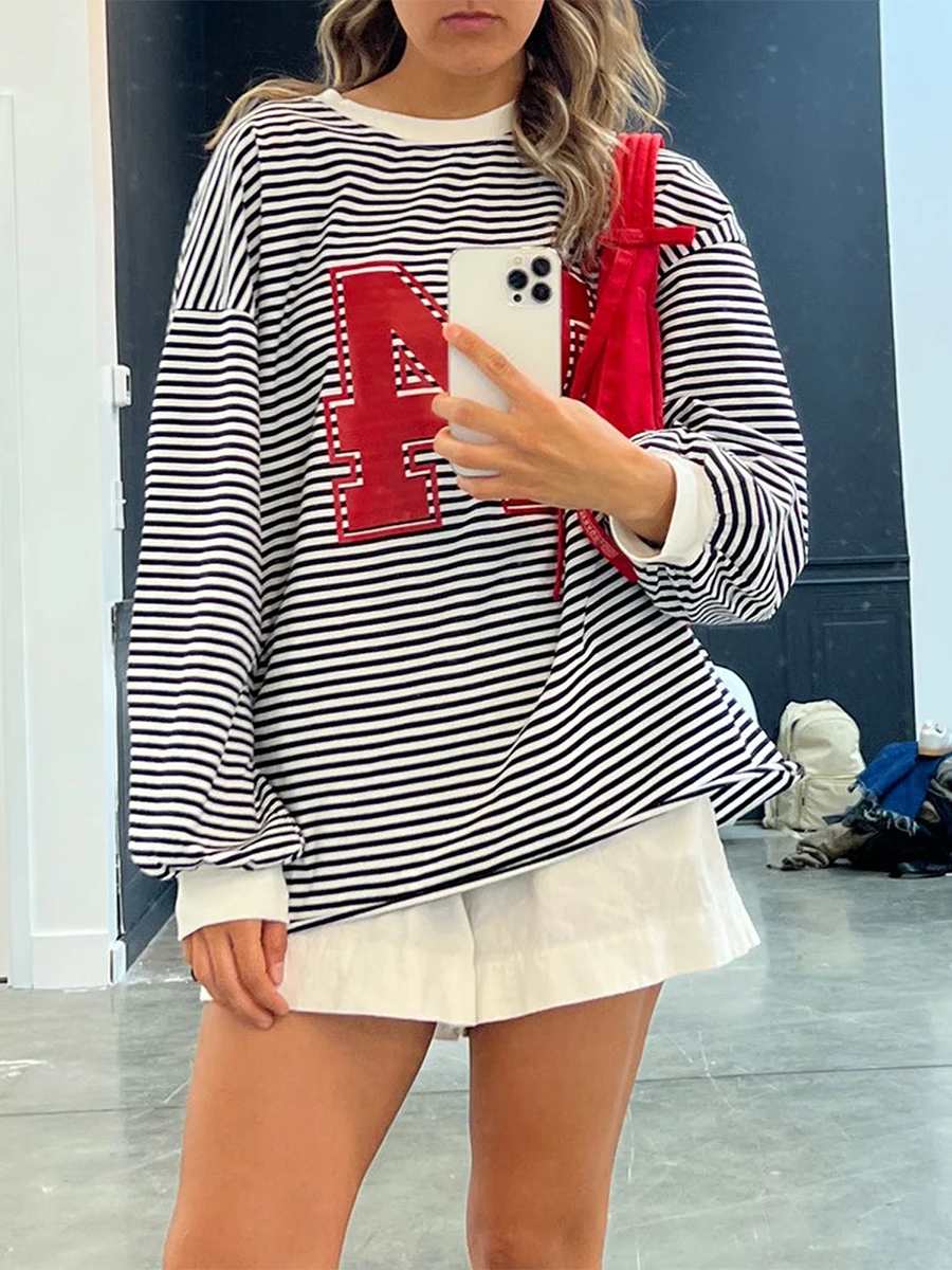 Women s Casual Loose Fit Long Sleeve O Neck Graphic Print Striped Tunic Top for Spring and Autumn Wear