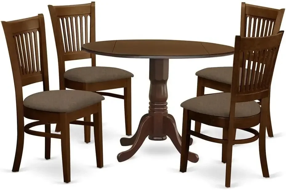 

5 Piece Set Includes a Round Dining Room Table with Dropleaf and 4 Linen Fabric Upholstered Chairs, 42x42 Inch, Espresso