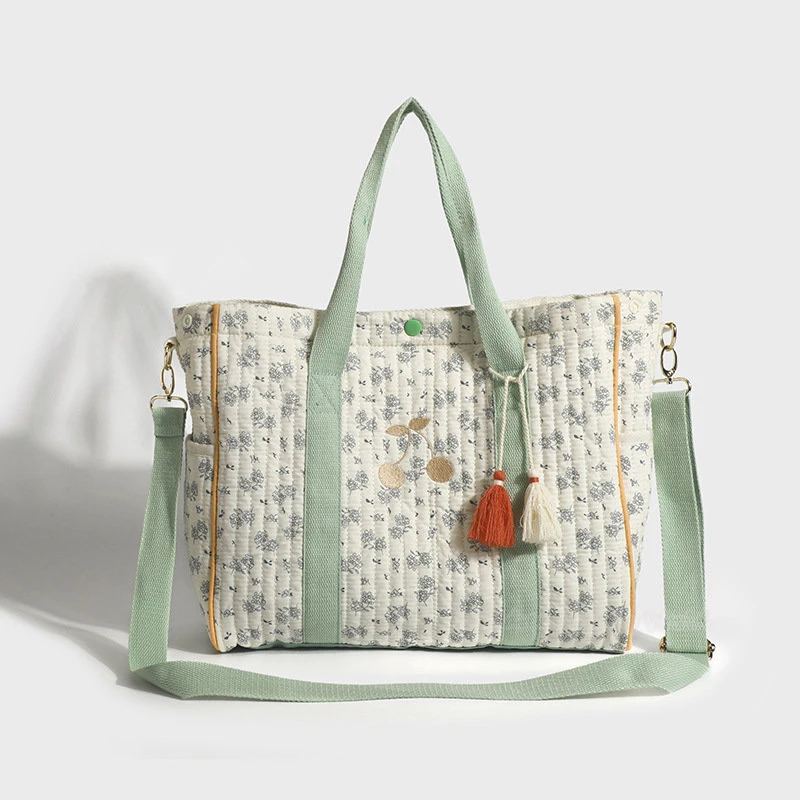 

Green Flower Embroidery Cherry Mommy Bag Large Capacity Tote Bag Luxury Designer Bag Mother Baby Bag Floral Messenger Diaper Bag