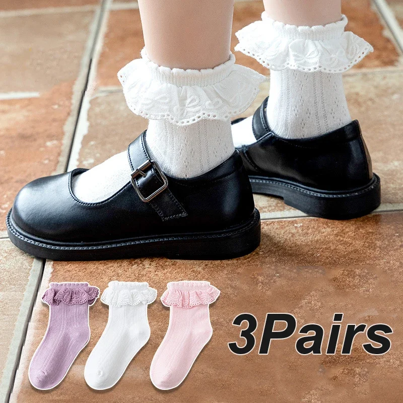 3Pairs/set Kids Girls Cotton Lace Princess Ruffle White Pink Ankle Short Socks for 0-8T Baby Spring Autumn Frilly Children Socks