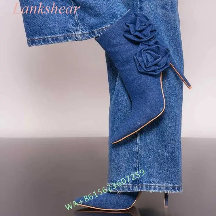 

2024 New Women's Blue Pointed Toe Stiletto Heel Booties Stylish Floral Denim Boots Fashionable Urban Beauty Elegant Ankle Boots