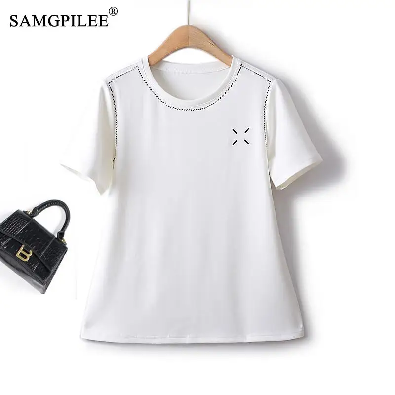 

Женская футболка с вышивкой и круглым вырезом, с коротким рукавом