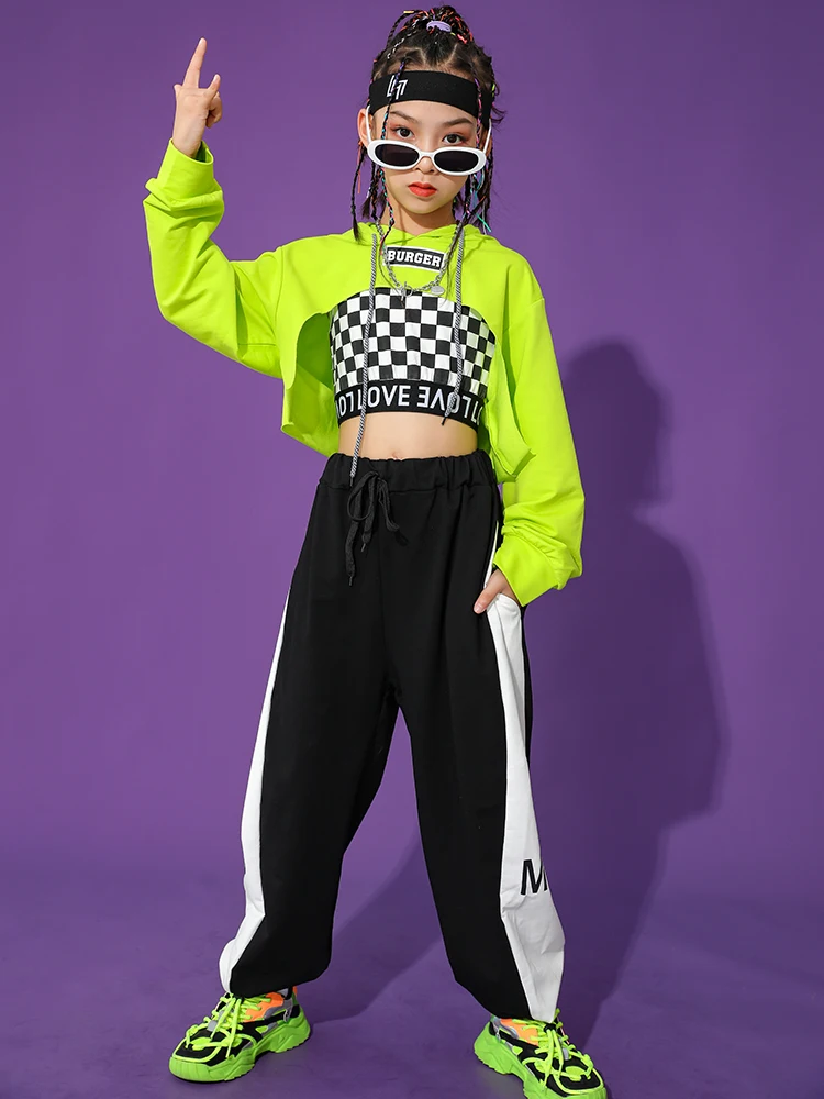 Kids Hip Hop Clothing Girls Modern Jazz Dance Costume Green Long Sleeves Tops Black Pants Streetwear Concert Stage Outfit BL9011