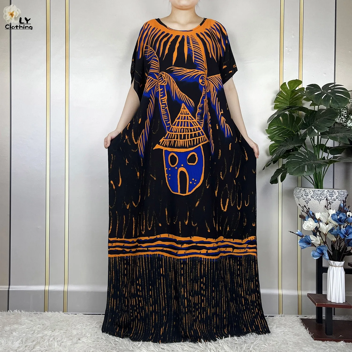 2023 New African Abaya Summer Women Short Sleeve Printed Cotton Loose Robe Maxi Muslim Traditional Dressed With Big Shawl Scarf