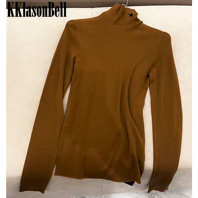 

12.20 KKlasonBell 100% Wool Knitted Sweater Turtleneck Long Sleeve Embroidery Solid Color Casual Slim Pullover Knitwear