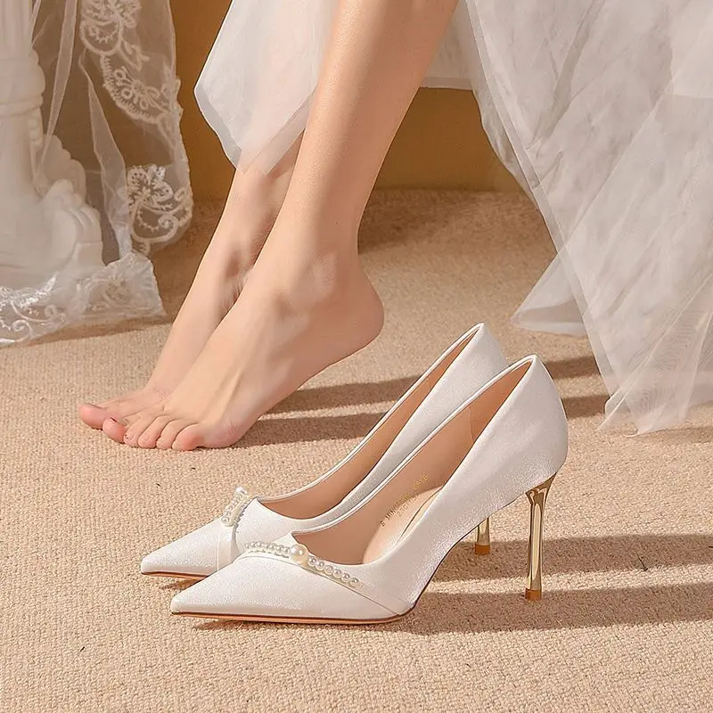 女性用パール付きハイヒールシューズ,ウェディングシューズ