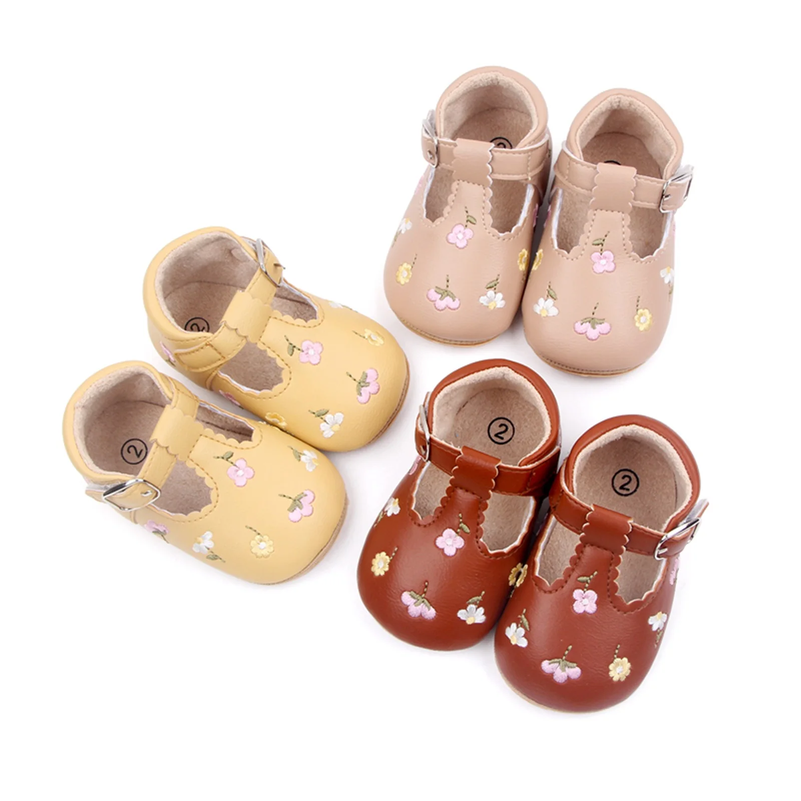 Embroidery Flower Baby Girls Shoes Premium Flats Rubber Sole Anti-slip Toddler Infant First Walkers PU Leather Crib Shoe 2