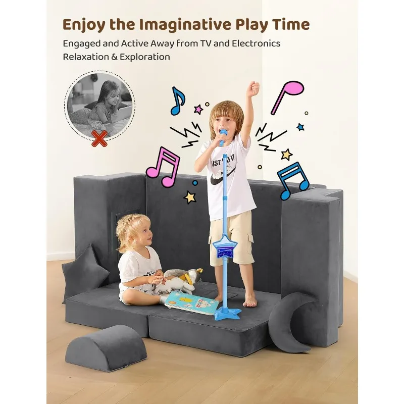 Modular Kids Play Couch,Upgraded Play Couch Convertible Rocking Horse,Sectional Kids Sofa Couch with Star Moon for Kids 4