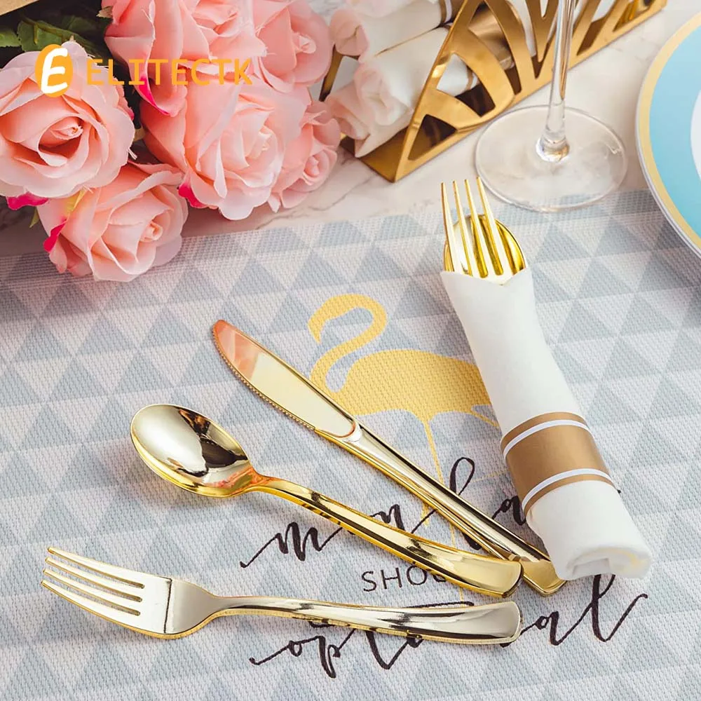40 Pieces of Pre-Rolled Golden Plastic Silverware Disposable Cutlery and Napkin Suitable for 10 People Dinner Party Wedding