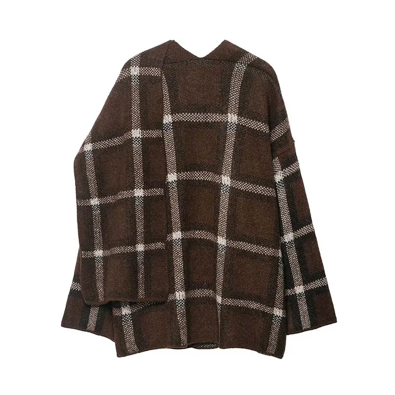 2025 New Women Fashion Plaid Knitted Cardigans Long Sleeve Scarf Collar Sweater Cardigan Autumn Winter New Style Knitwear Coat