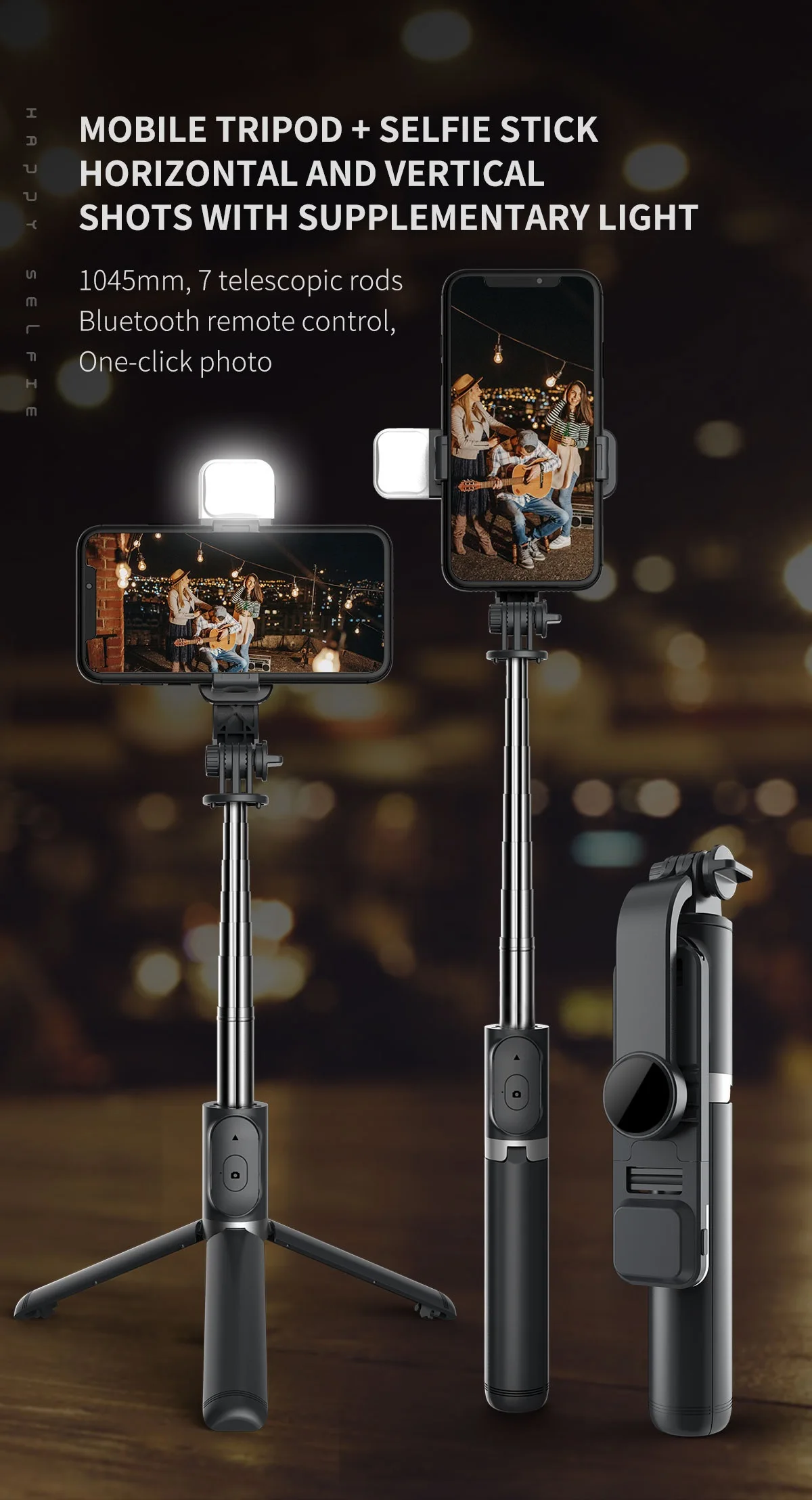 Faltbarer Mini-Selfie-Stick mit kabelloser Bluetooth-Verbindung, LED-Beleuchtung, Auslöser und Fernbedienung für iPhone und Samsung_voghion.com