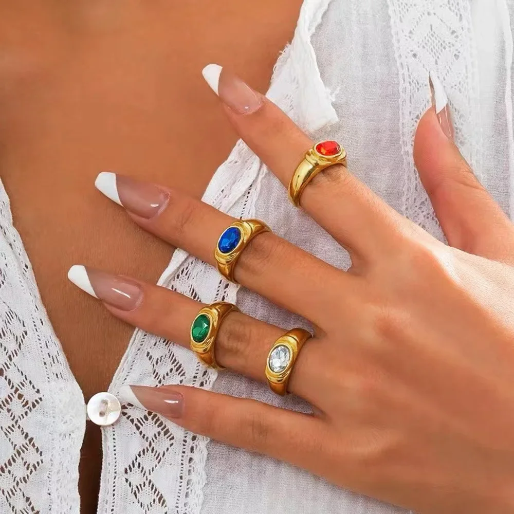 New Retro Multicolour Zircon Oval Crystal Engagement Ring for Women  Stainless Steel Chunky Knuckle Rings Gothic Jewelry Anillos
