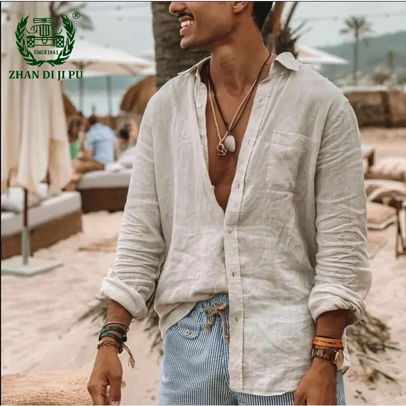 

Рубашка Мужская льняная с длинным рукавом, свободная повседневная Уличная одежда, топ, хлопковая футболка, осень