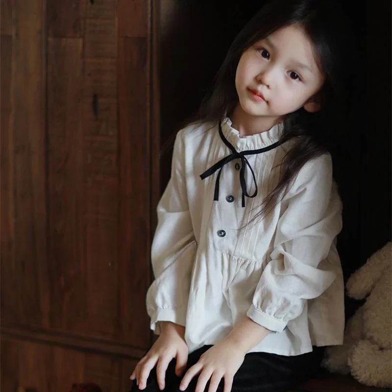Girls' White Shirt Casual British Top Long Sleeve Lace Neck Shirt Baby Girl Autumn Children's Versatile Solid Color Top