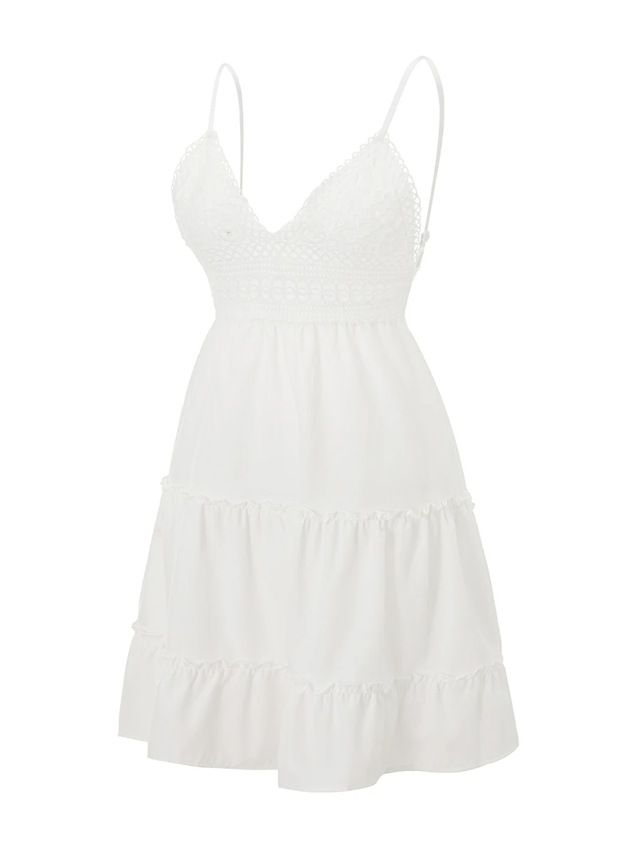 Boho Summer Spaghetti Strap Dress - Embroidered A-Line Backless Ruffled Sling Dress