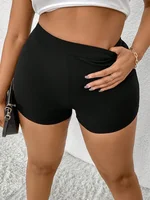 Plus Size Women's Plus Size Pleated Front Hollow Shorts High Waisted Asymmetric Mini Shorts Solid Colour