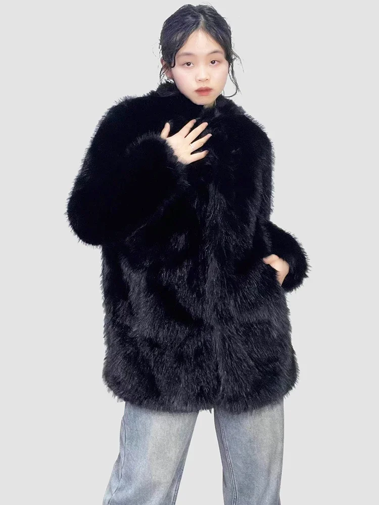 

Nerazzurri Autumn Winter Thick Warm Soft Hairy Shaggy Faux Fur Coat Women Stand Collar Luxury Loose Casual Fluffy Jacket 2024