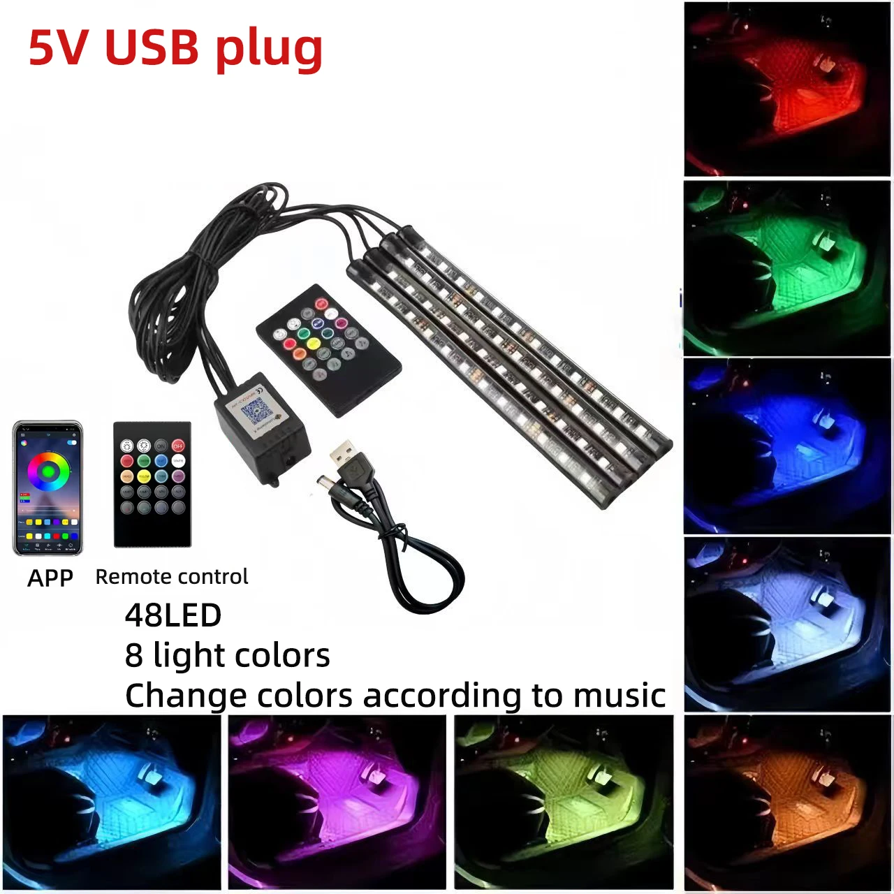 Color-Changing LED Car Interior Ambient Light Kit with Remote and App Control