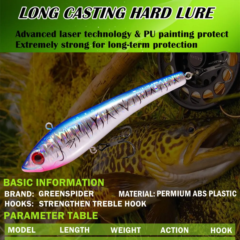 GREENSPIDER Sinking Pencil VIB Fishing Lures 14cm 80g Wobbler Stickbait  Artificial Hard Bait for Sea Tuna GT Fishing Lure