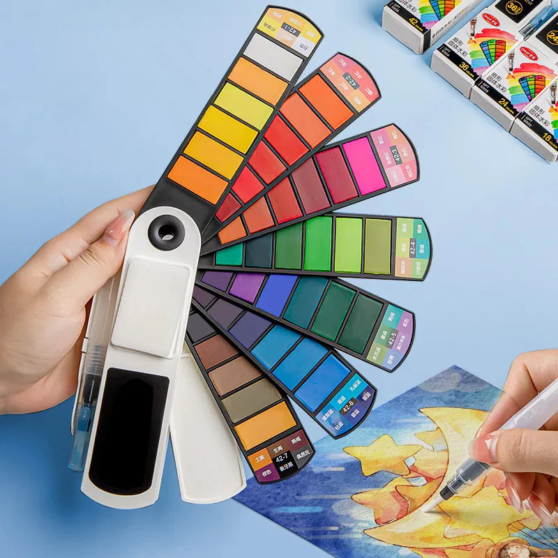Solid Watercolor Pigment Portable Travel WaterColor Box with Brush Art Specific Fan Shaped Painting Tool 18/24/36/42 Colors watercolor painting set,watercolor paint,watercolor pigment