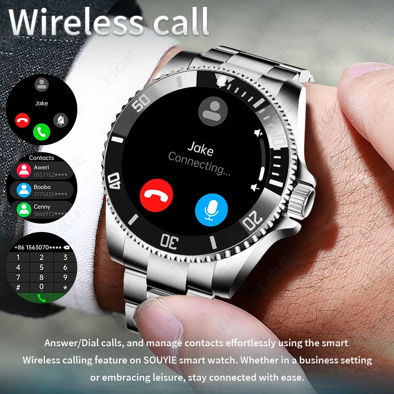 LIGE Men's Luxury Full Steel Smartwatch Bluetooth Call Voice Assistant Message Man Wristwatch 100+ Sports Sleep Monitor Watches