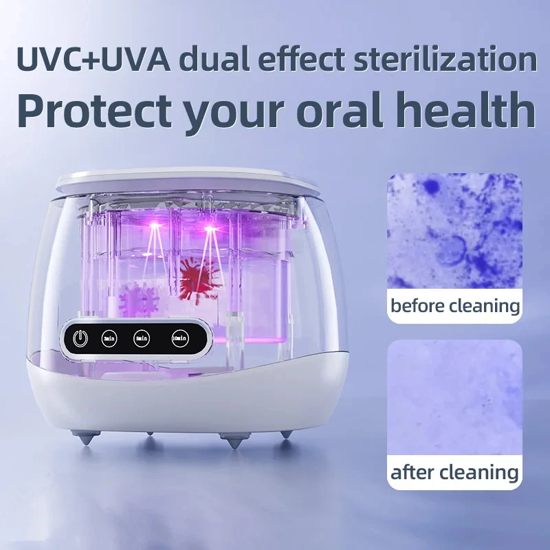 Portable 48KHZ Ultrasonic Denture Cleaner UV Sanitizer Retainer Aligner Cleaning Machine 200ml Travel Braces Pods Jewelry