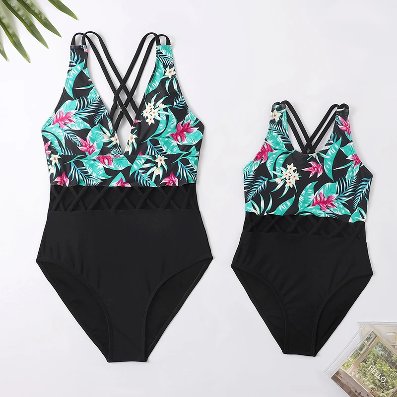 

Summer Family Matching Mother and Daughter Swimwear One-piece Flower Print Women Girls Mom and Me Bikini Swimsuits Family Outfit