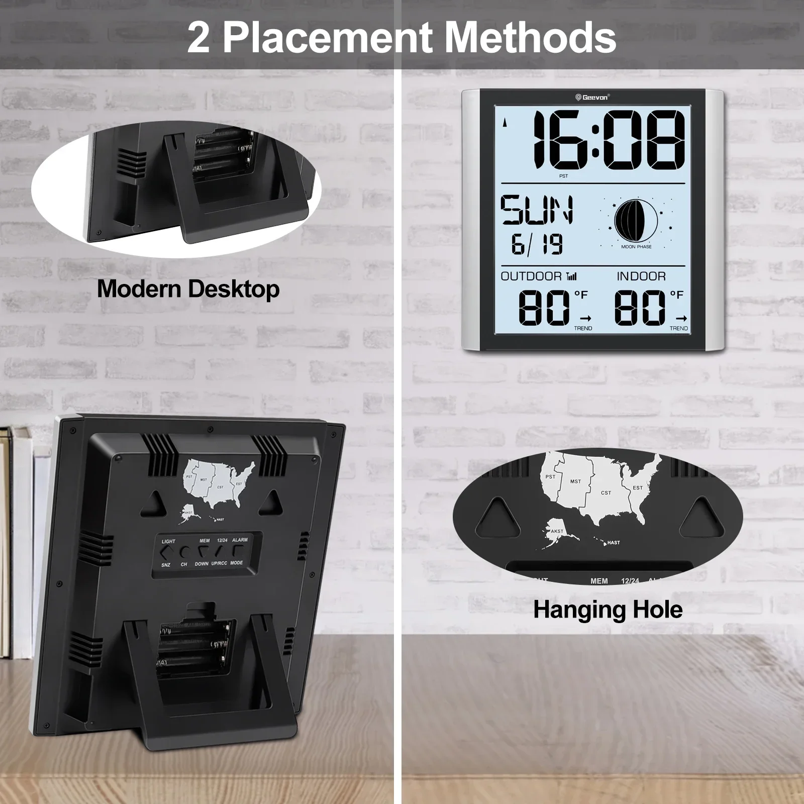 Atomic Wall Clock With Backlight Auto-Set Digital Atomic Alarm Clock With Indoor Outdoor Temperature Calendar Moon Phase