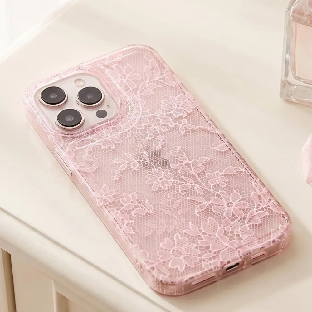 รูปสินค้า เคสโทรศัพท์ลายลูกไม้สีชมพูใส สำหรับ iPhone 17 16 15 14 13 12 11 Pro Max - เคส TPU นิ่ม ป้องกันรอยขีดข่วน สไตล์หวานๆ