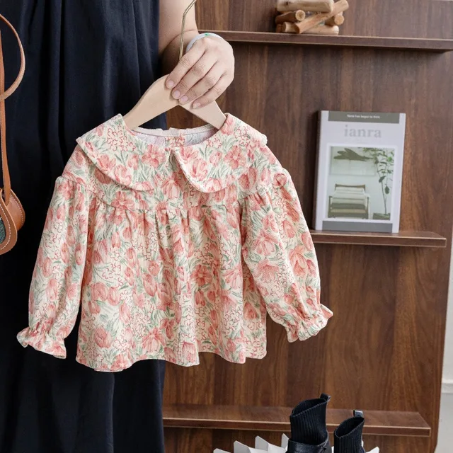 Корейская осенняя одежда для маленьких девочек, милая Цветочная Блузка для девочек, блузка для маленьких девочек с цветочным принтом в стиле 1