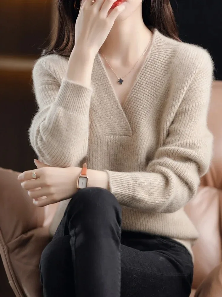 Women Long Sleeve Knitted Sweater V Neck Winter Casual
