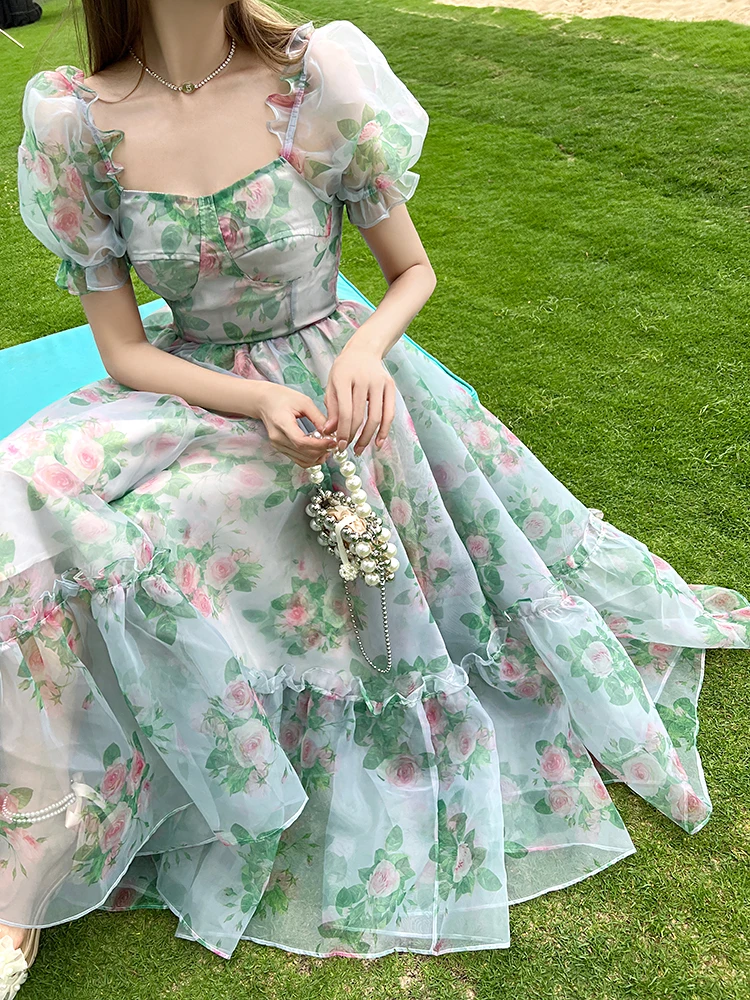 

XUAN Phd French Vintage Floral Midi Dress Organza Elegant Casual Party Fairy Dress Casual Holiday Princess for Women Spring 2023
