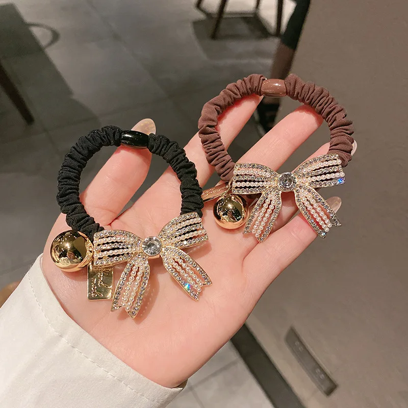 

Fashion Rhinestone Bow Elastic Hair Loop Bow Style Ball Head Czech Drill Rope Girls' Hair Rope Horsetail Headwear