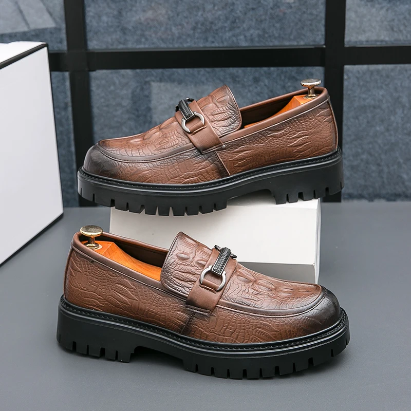 

New Luxury Crocodile Print Loafers High Quality Height Increase Men Shoes Rubber Thick Sole Brown Casual Platform Leather Shoes