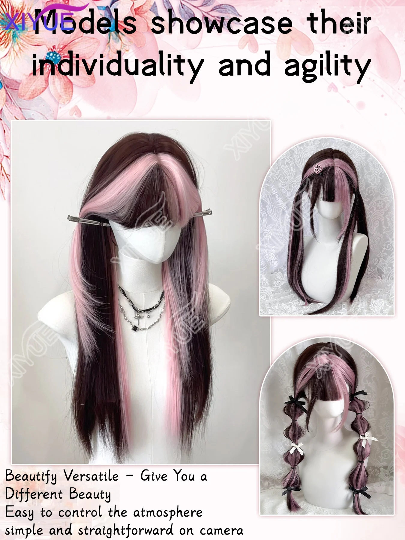 XIYUE wigs strawberry chocolate wig female hair dyed powder ombre long straight hair twintails wig Lolita nature headband wigs