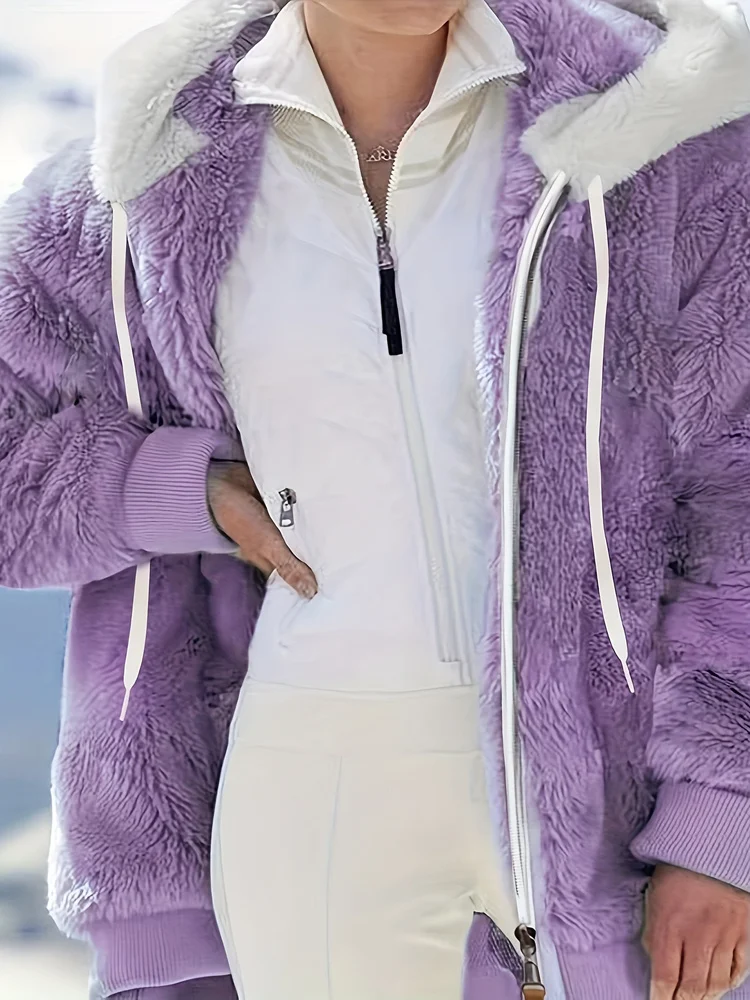 Women's Jacket Plush Zipper Pocket Hooded Long Sleeve Solid Fur Casual Loose Warm Winter Ladies Coats 2024 Fashion Thick Clothes 3