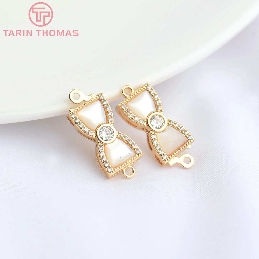 4799) 2PCS 8x14.5MM 24K Gold Color Brass with Zircon Bow