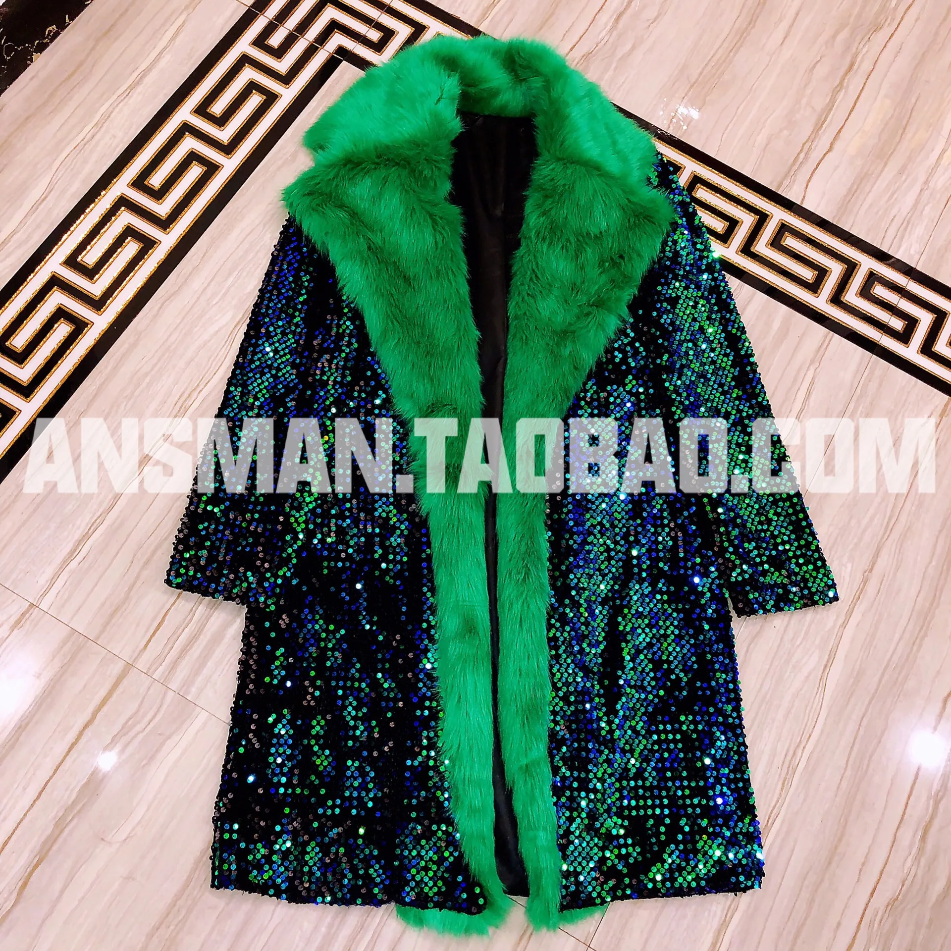 

New Bar Nightclub Jacket Male Singer Fashion Outerwear DS Christmas Theme Green Colorful Faux Fur Men Long Coat Sequin Costume