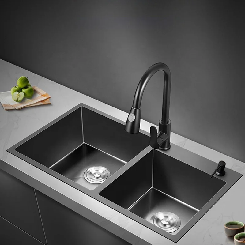 Kitchen Sink, Handmade 304 Stainless Steel Sink, Embedded Dual Pull-out Faucet, Nano Silver Ceramic Coating