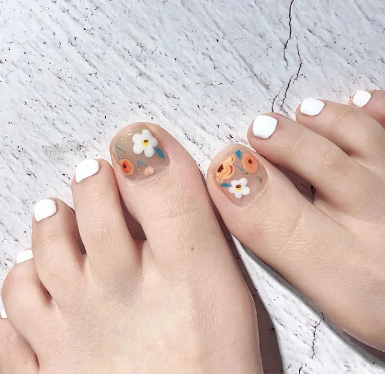 24pcs Fake Toenails With Designs Flower Artificial Short Toenail