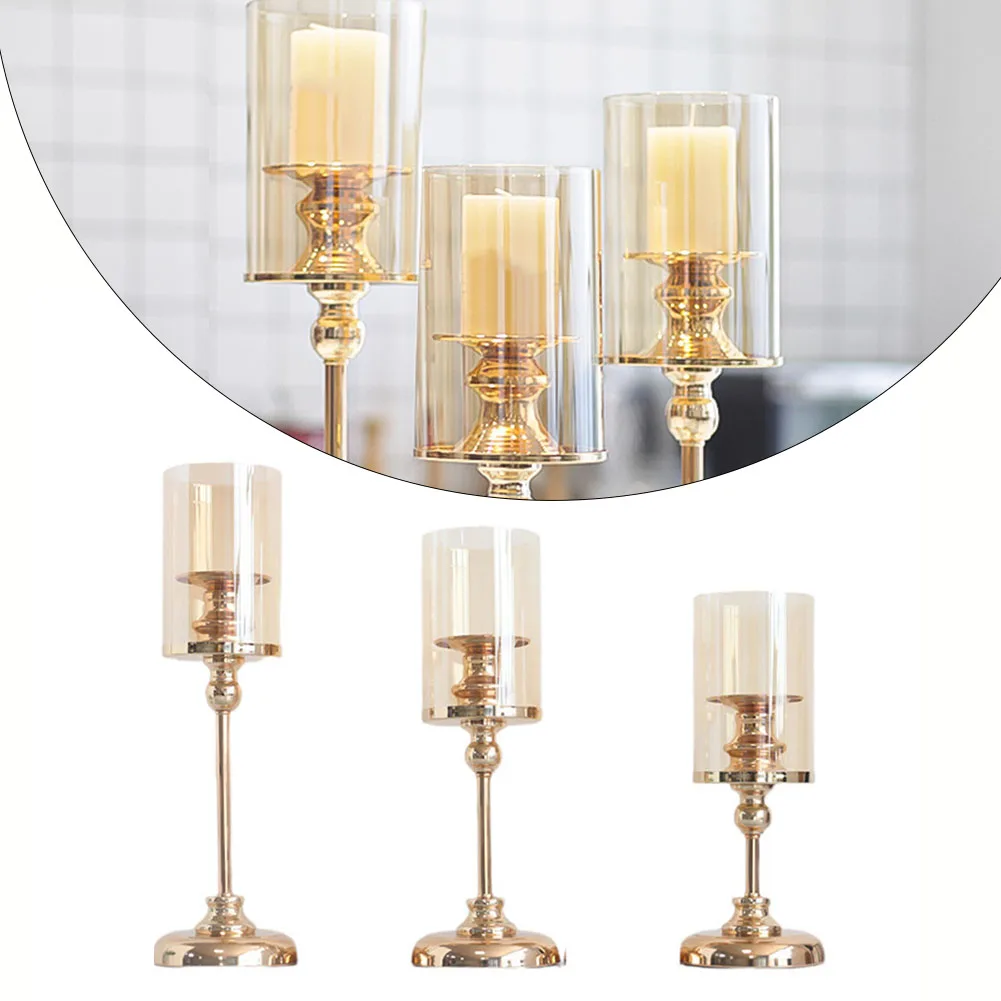 

Gold Candle Holders Candlestick Holder With Glass Candle Cover Home Retro Candlelight Dinner Romantic Candlestick Wedding Decor