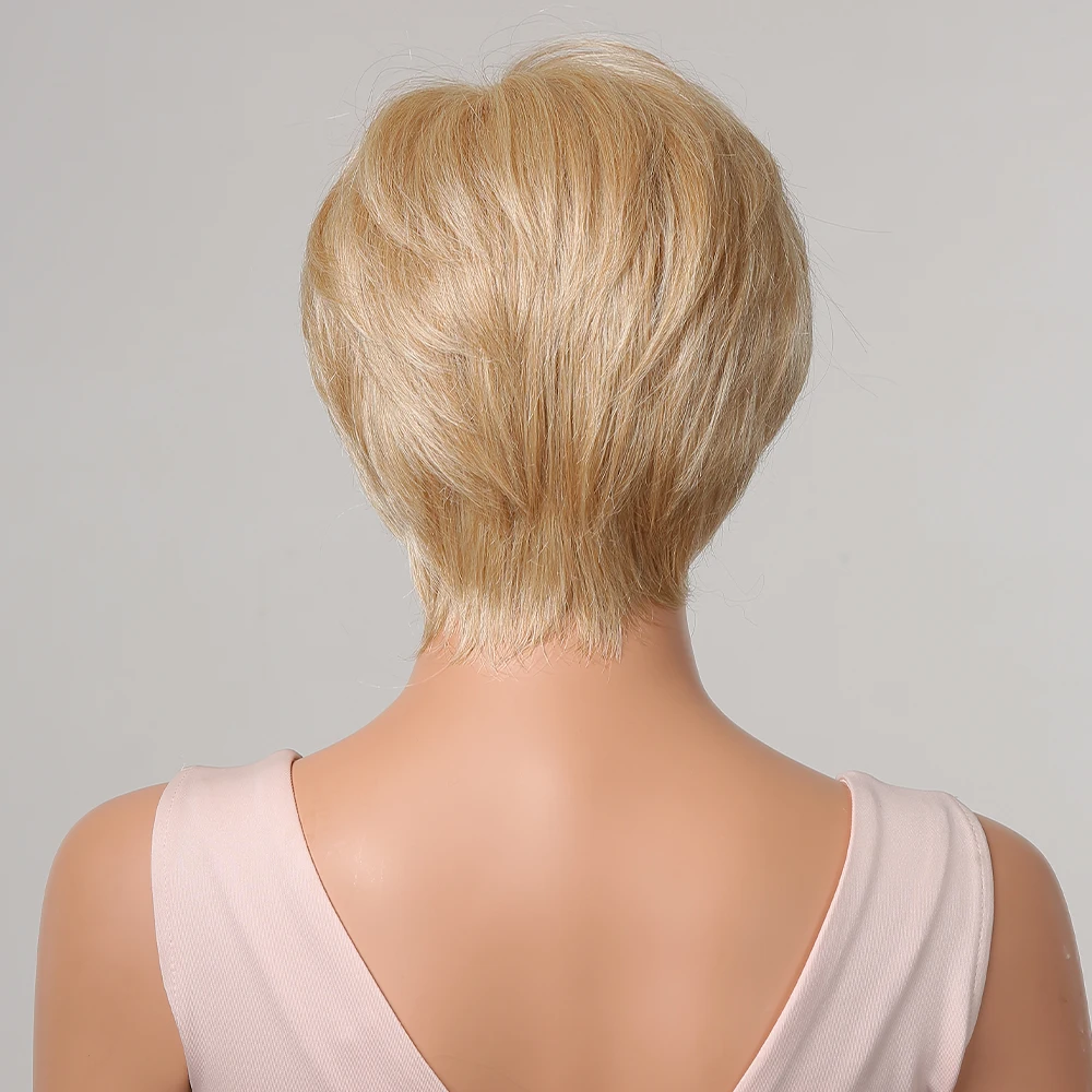 Human Hair Wigs Short Pixie Cut Human Hair Blend Wigs Side Fluffy Bangs Light Golden Honey Blonde Layered Women's Wavy Wig Natural Daily
