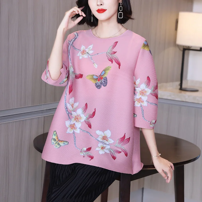 Fashionable pleated printed top, mom's new autumn 2024 women's loose fit oversized high-end T-shirt trend